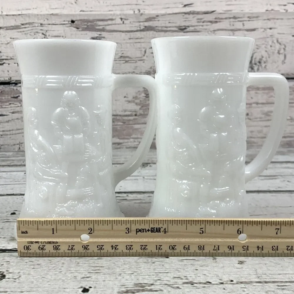 Federal Milk Glass Beer Steins: Tavern Scene, Moonglow Iridescent‎ - Set of 2